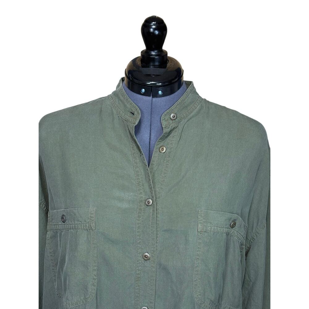 Vintage Hunt Club Silk Shirt Olive Green Unisex Medium Tall Mandarin Collar